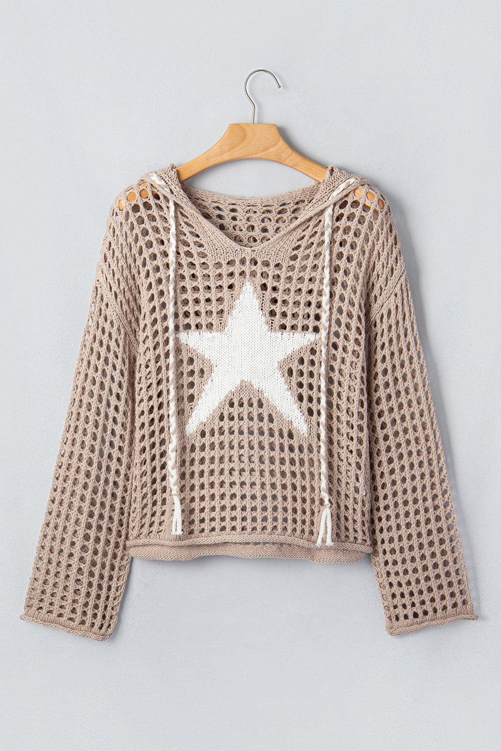 Star Patch Crochet Drawstring Hoodie Sweater