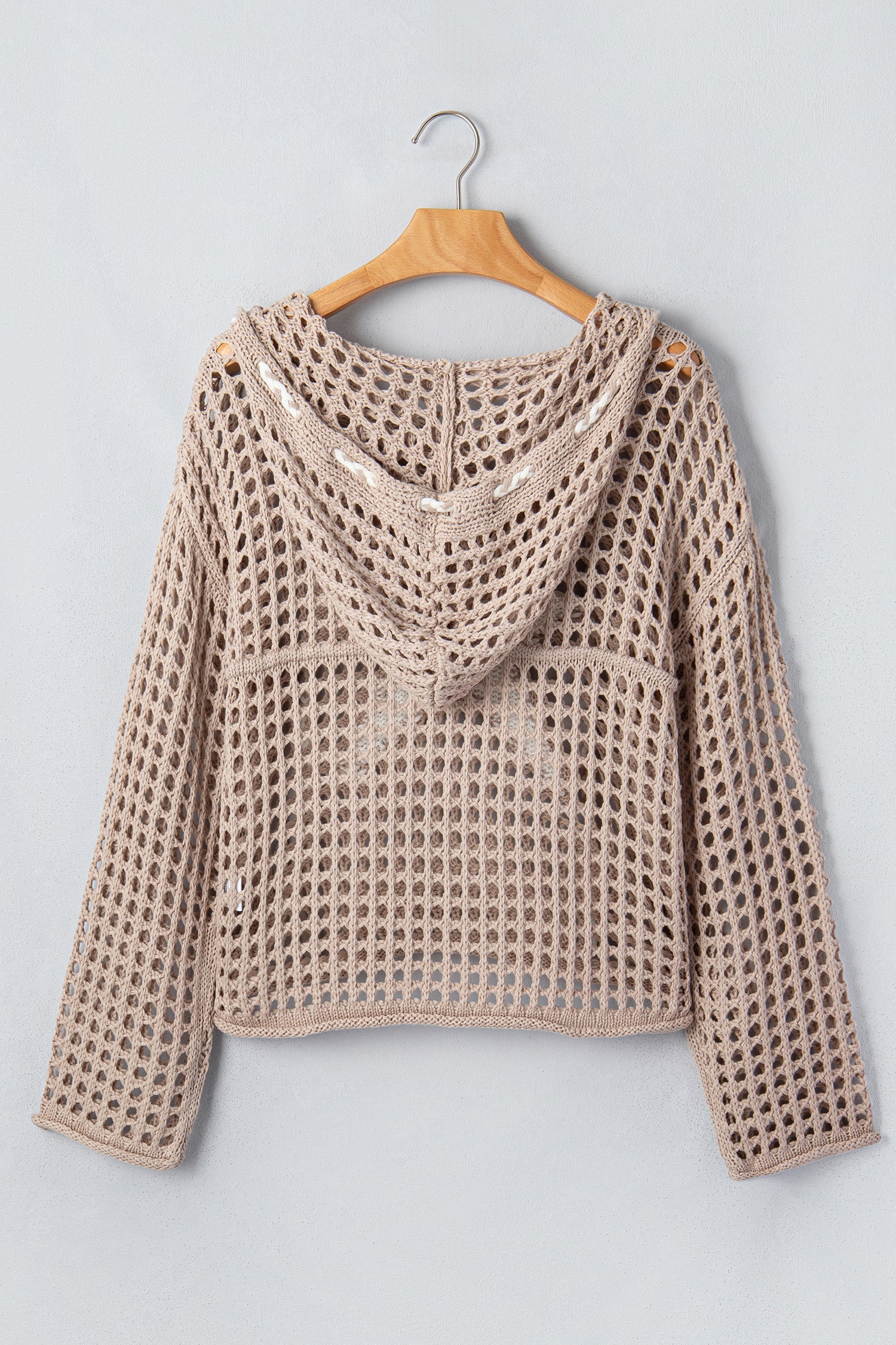 Star Patch Crochet Drawstring Hoodie Sweater